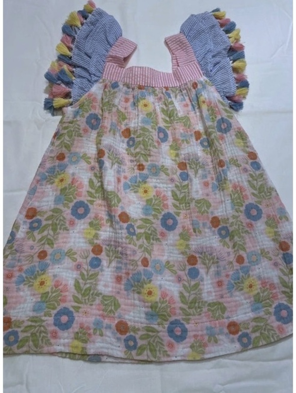 Mud Pie Floral Cotton Dress with Tassel Sleeves Pink Blue 24M